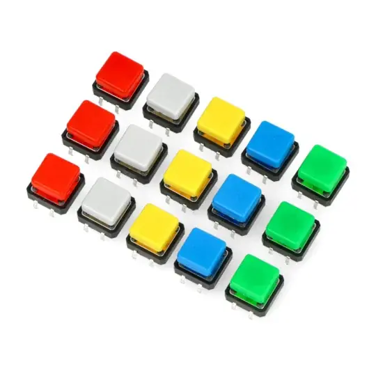 Tact Switch 12x12mm - náměstí - barevné krytky - 15ks Autentický