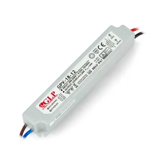 Vysoce Kvalitní Napájecí zdroj pro LED pásky GLP GPV-18-12 - 12V / 1,5A / 18W - vodotěsný