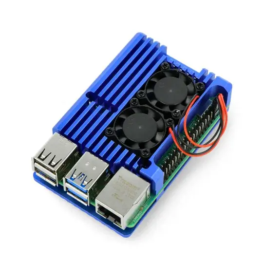 Nakupujte Hned Pouzdro JustPi pro Raspberry Pi 4B - hliníkové se dvěma ventilátory - modré