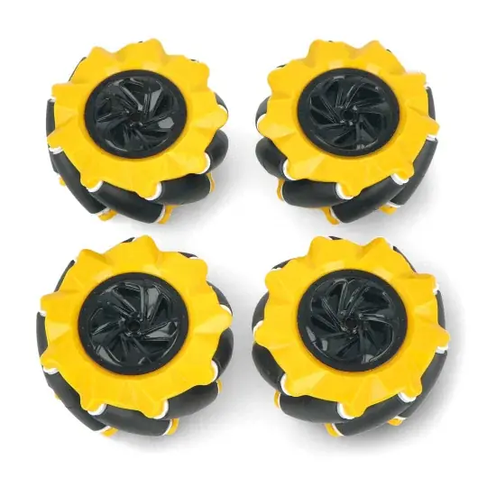 Sada kol Mecanum - 80 mm - 4 kusy - černá / žlutá s válečky - DFRobot FIT0654-1 Cenová Bomba