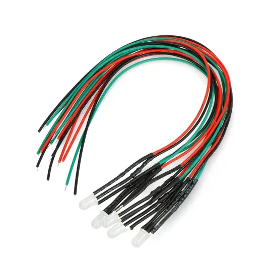 Cenově Výhodný LED 5mm 12V s rezistorem a vodičem - dvoubarevná červená / zelená - společná katoda - 5ks.