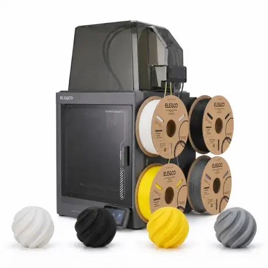 Balení - kombinovaná 3D tiskárna Elegoo Centauri Carbon 2 + 4 PLA+ filamenty Vysoce Kvalitní